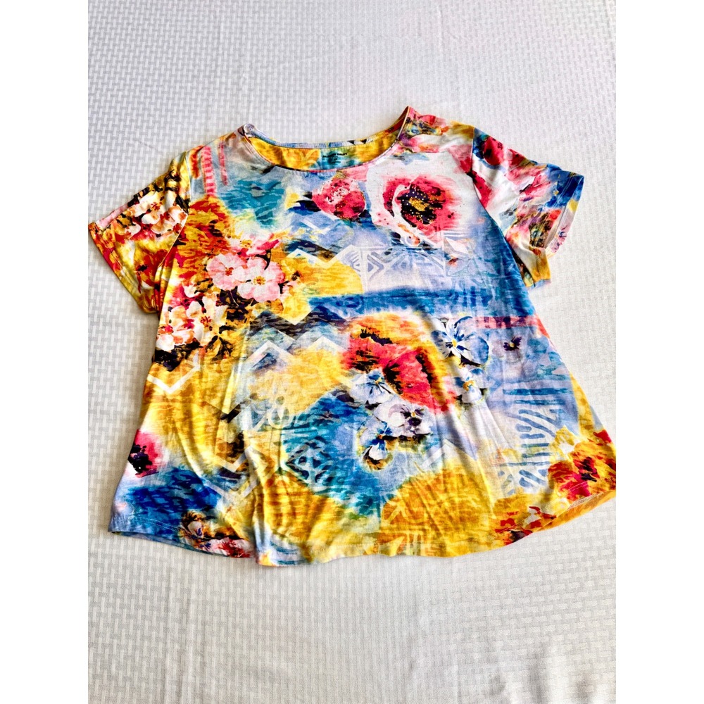 Allison Daley Plus 2X Floral Rhinestone Embellished Short Sleeve Top Multi-Color